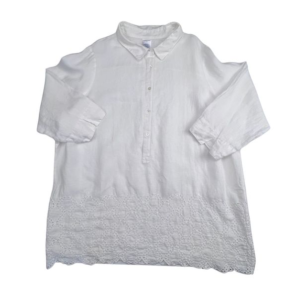 Lands End Blouse Womens 24 White Linen Boho Relaxed Eyelet Lace Scalloped Tunic - Picture 5 of 9